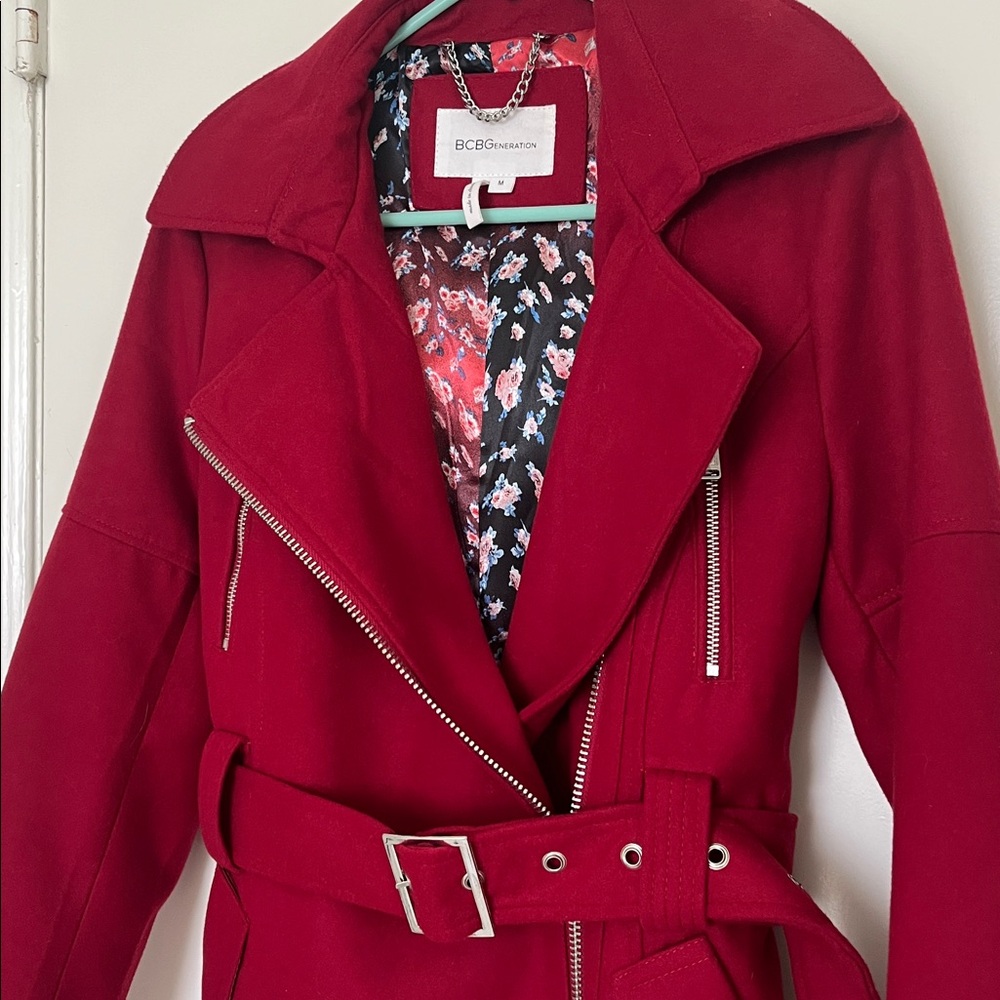 NWOT BCBGeneration red belted wool trench coat with detachable hood - Picture 3 of 6